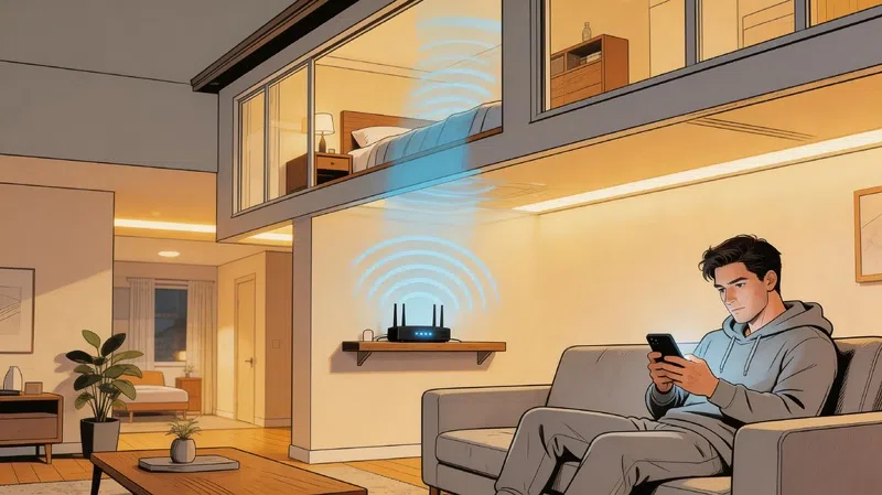 Wi-Fi 7 router signal coverage through a modern home with compatible devices connected