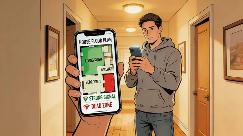 Using a Wi-Fi heatmap app on a phone to identify and fix Wi-Fi dead zones at home