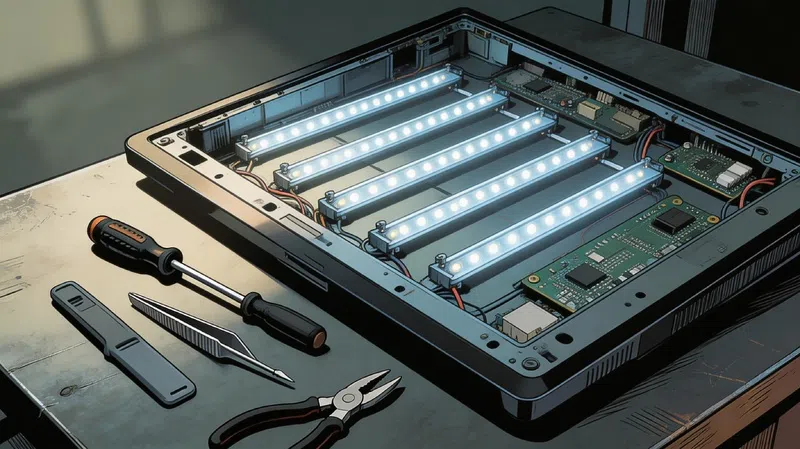 Inside view of TV LED backlight strips causing black screen on TV