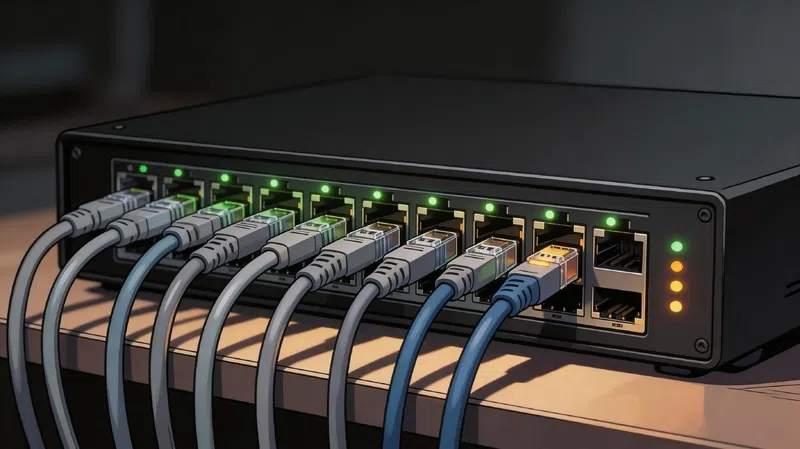 Close-up of a network switch with blinking ethernet port lights in a home setup