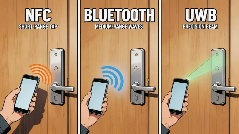 Diagram showing NFC, Bluetooth LE, and UWB communication methods for Aliro digital key