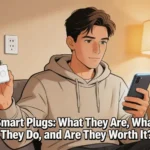 Smart plug connected to wall outlet controlled via smartphone app in modern living room Short