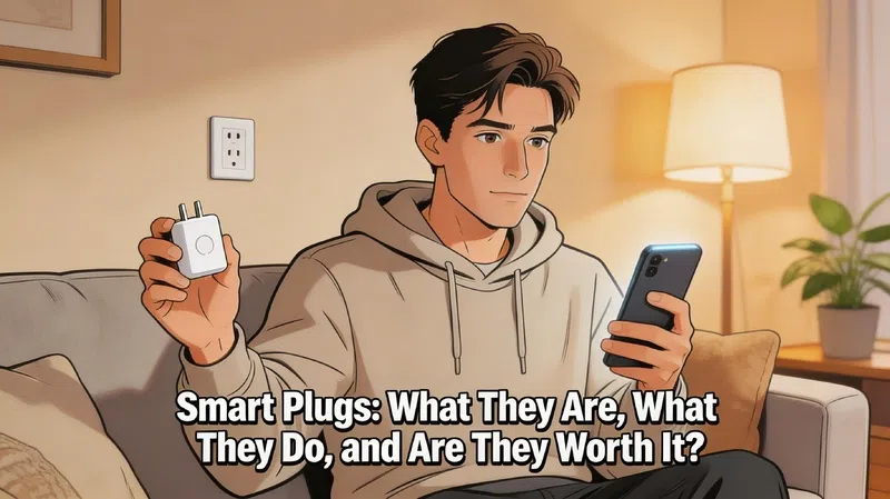 Smart plug connected to wall outlet controlled via smartphone app in modern living room Short