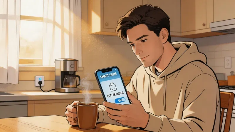 Person checking smart plug schedule on phone while coffee maker runs automatically in morning kitchen