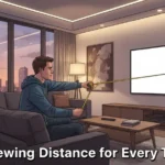 best viewing distance for TV size chart — person measuring TV distance in a modern living room illustration