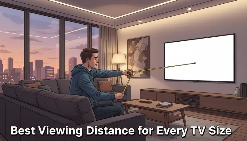 best viewing distance for TV size chart — person measuring TV distance in a modern living room illustration