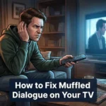Person struggling to fix muffled dialogue on TV in a dark living room
