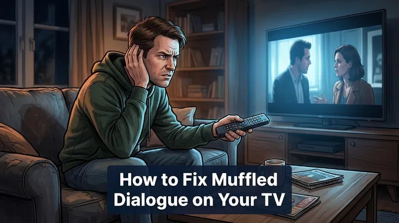 Person struggling to fix muffled dialogue on TV in a dark living room