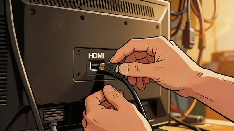 Hands plugging in HDMI cable to fix washed-out TV colors caused by signal interference