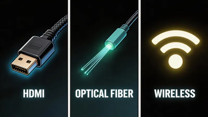 Three soundbar connection methods compared — HDMI ARC, digital optical, and Bluetooth — for connecting a soundbar to a TV