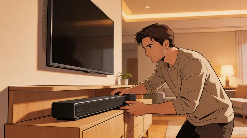 Person positioning soundbar correctly to help fix muffled dialogue on TV