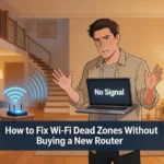 Person struggling with Wi-Fi dead zones in a two-story home with a router in the corner