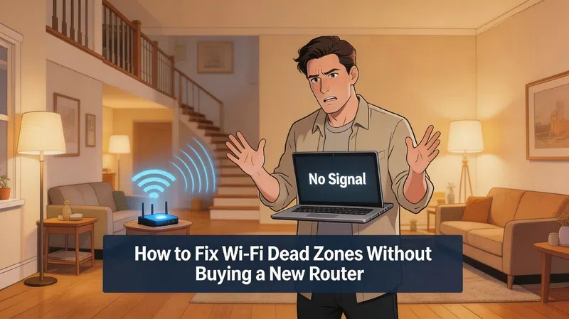 Person struggling with Wi-Fi dead zones in a two-story home with a router in the corner