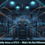 Dolby Atmos vs DTS:X illustrated comparison showing a man surrounded by immersive 3D audio speakers in a modern living room