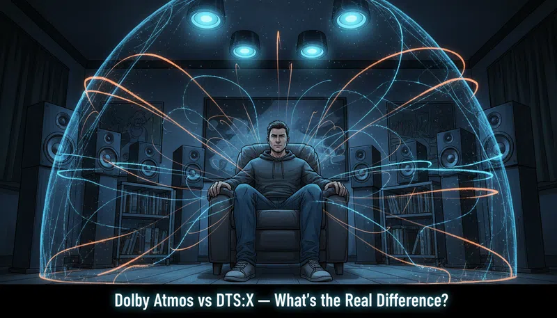 Dolby Atmos vs DTS:X illustrated comparison showing a man surrounded by immersive 3D audio speakers in a modern living room