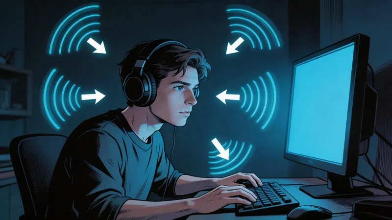 Gamer using spatial audio headphones with directional sound waves illustrated around him for Dolby Atmos vs DTS:X gaming comparison