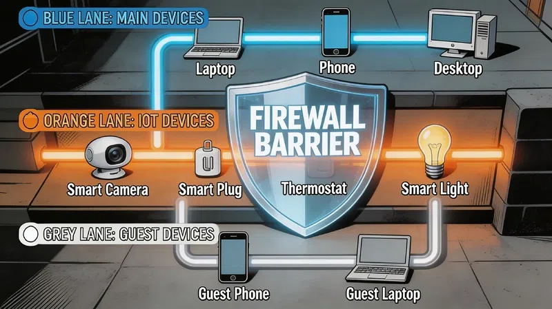 Illustrated home network segmentation diagram with three separate zones for main devices, IoT smart home devices, and guest network to prevent hacker lateral movement