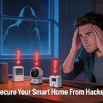 Homeowner securing smart home network from hackers with warning symbols above connected devices in a modern living room