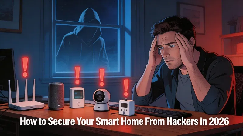 Homeowner securing smart home network from hackers with warning symbols above connected devices in a modern living room