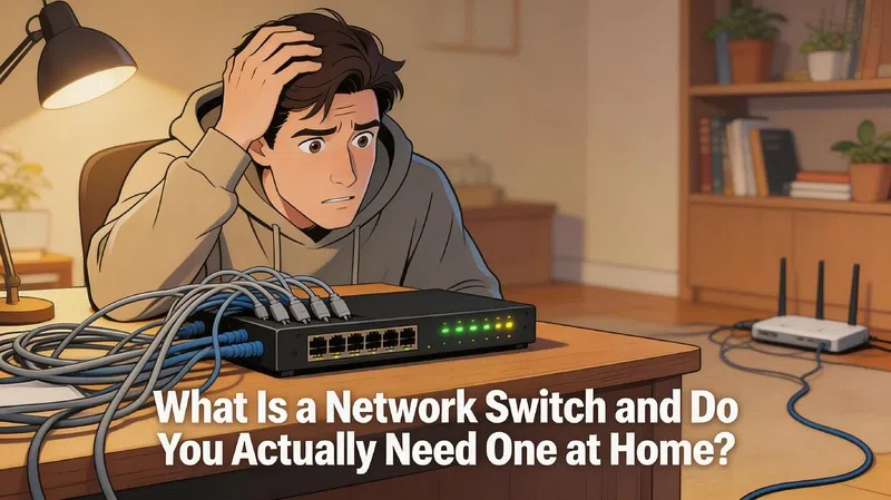 Person confused by ethernet cables and a network switch in a home office setup