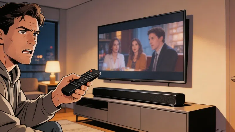 Person troubleshooting no sound issue after connecting soundbar to TV using remote control