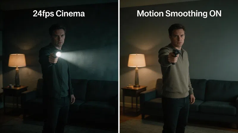 Split screen comparison of natural 24fps cinematic film versus motion smoothing soap opera effect on a modern TV