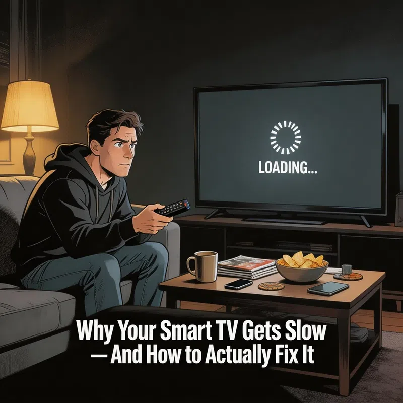 Person navigating smart TV settings menu with a remote control in a dimly lit room