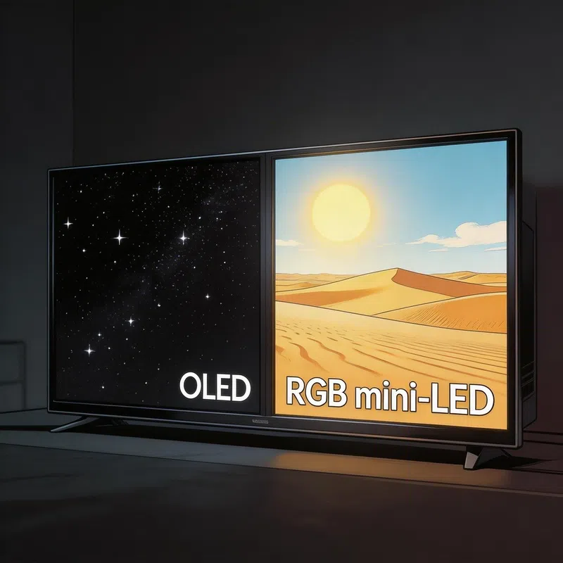 Close-up of OLED deep black display versus RGB mini-LED ultra-bright display in dark room