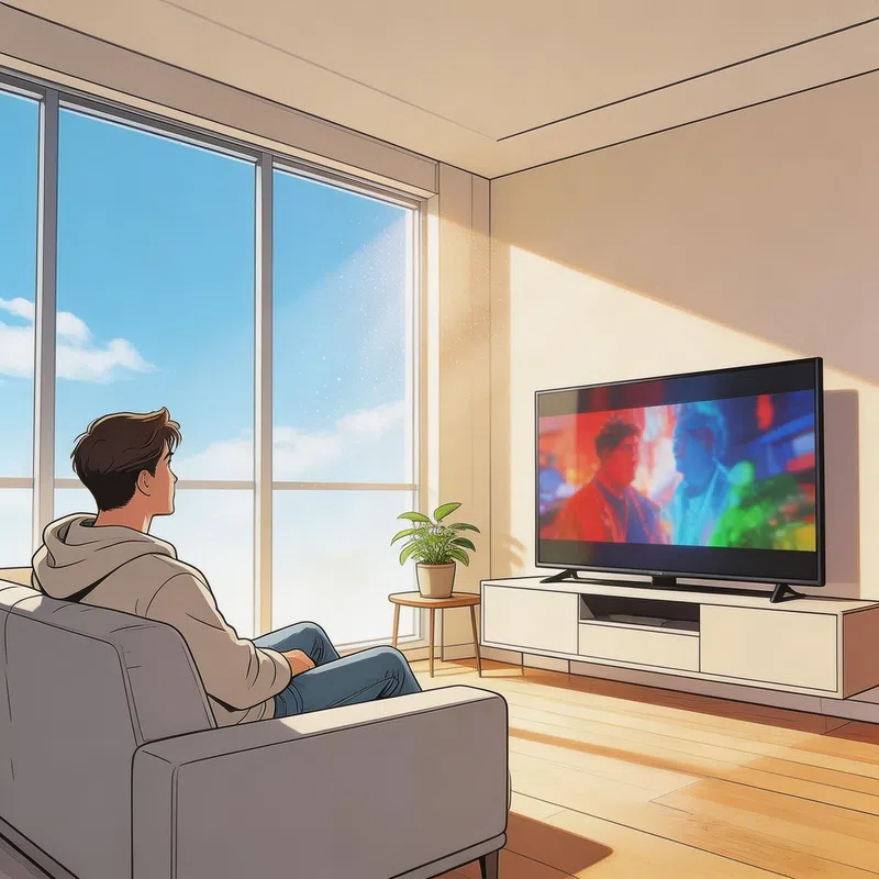 Person watching a bright vivid TV screen in a sunlit living room with large windows