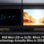 Side-by-side comparison of OLED and RGB mini-LED TV panels in a modern home theater room