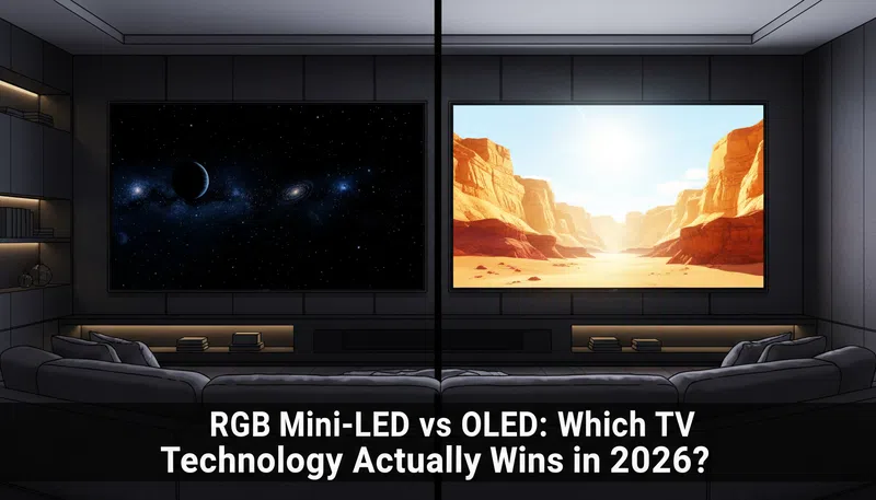 Side-by-side comparison of OLED and RGB mini-LED TV panels in a modern home theater room