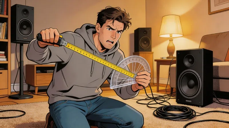 Man measuring speaker placement angles for a Dolby Atmos home theater setup in a living room