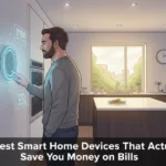 Homeowner reviewing energy savings on a smart thermostat surrounded by smart home devices that reduce electricity and water bills