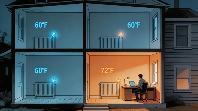 Cross-section of a house showing smart radiator valves controlling room-by-room temperatures to save money on heating bills