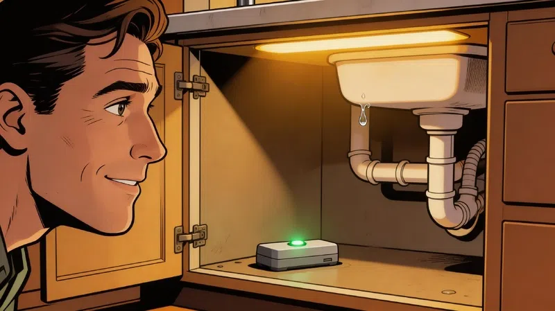 Homeowner checking a smart water leak detector under the kitchen sink that prevents costly water damage and lowers insurance premiums