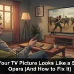 Man confused by the soap opera effect on his TV screen caused by motion smoothing in a modern living room