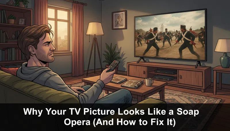 Man confused by the soap opera effect on his TV screen caused by motion smoothing in a modern living room