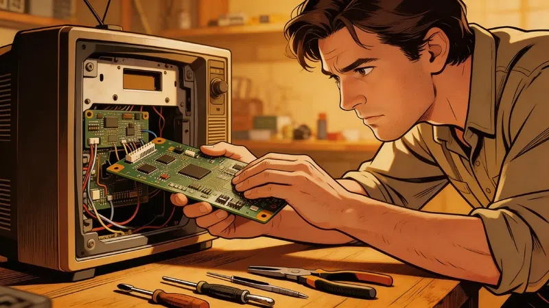 illustrated workbench scene with open television