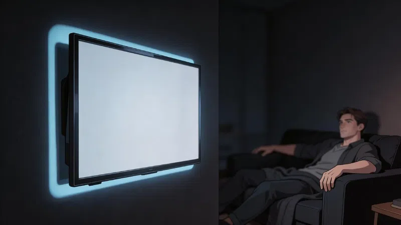 TV bias lighting setup for best viewing distance and eye strain reduction — illustrated living room scene