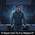 person standing in front of a broken TV with screen lines in a modern living room illustration
