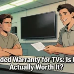 A skeptical customer being offered an extended warranty for TV at a retail store counter