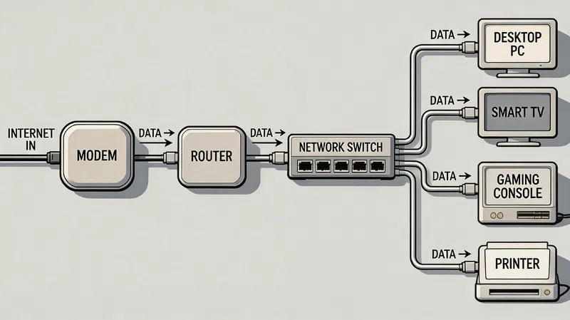 Home network diagram showing correct placement of a network switch after the router