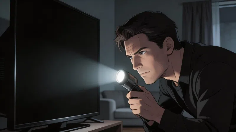 Person performing a flashlight test on a dark TV screen to diagnose smart TV repair backlight failure