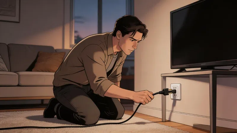 Person unplugging TV from wall to fix black screen issue