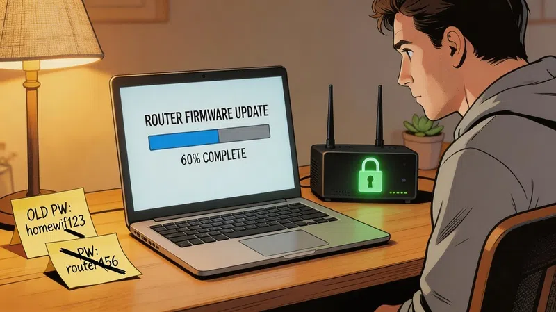 Person updating router firmware and changing passwords at home desk as part of a smart home cybersecurity routine
