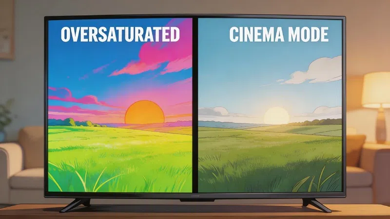 TV picture mode comparison showing washed-out TV colors fixed by switching to cinema mode