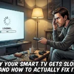 A frustrated man holding a remote control facing a slow smart TV loading screen in a dark modern living