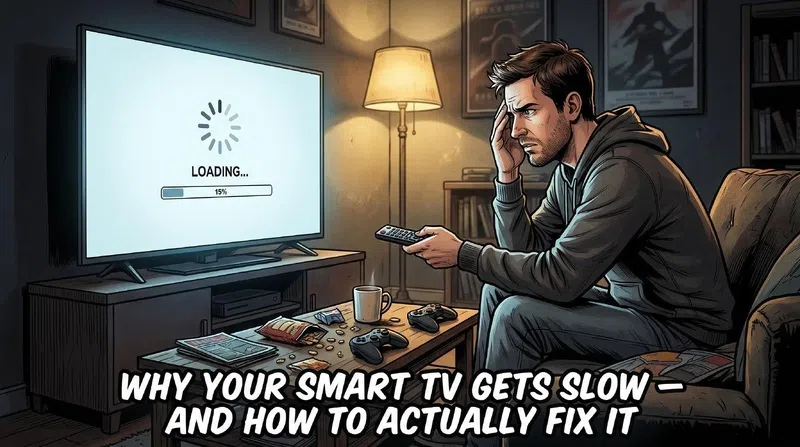 A frustrated man holding a remote control facing a slow smart TV loading screen in a dark modern living