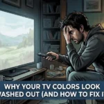 Person troubleshooting washed-out TV colors in a dark living room