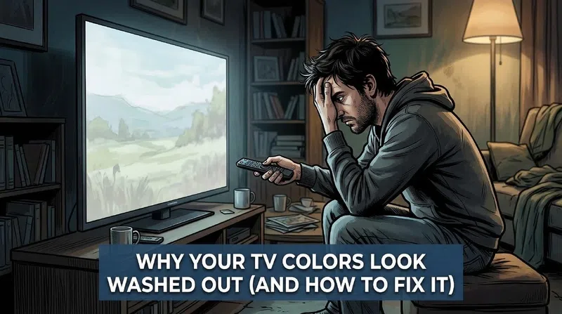 Person troubleshooting washed-out TV colors in a dark living room